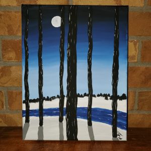 A snowy moonlit painting with tall trees and a meandering river
